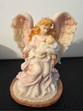 Vintage Seraphim Glassicss Angel Holding Baby - Pink & Cream Resin Statue